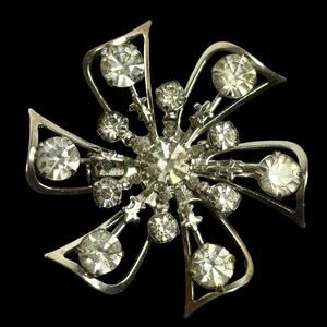 Vintage Silver Tone Abstract Flower Rhinestone Brooch Jewelry Estate